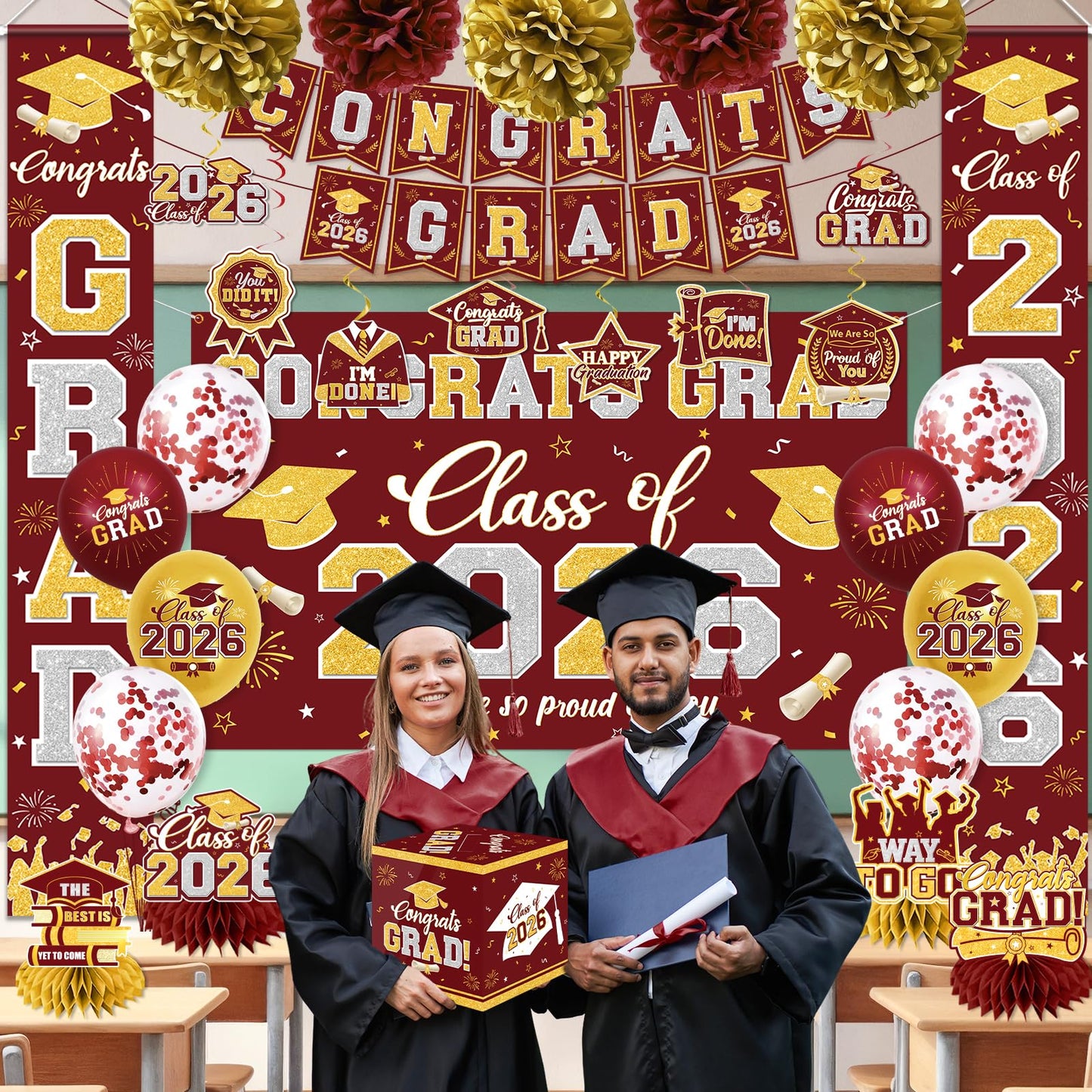 Graduation Decorations Class of 2026 Maroon and Gold Graduation Decorations with Congrats Grad Banner,Backdrop,Porch Sign,Balloons,Hanging Swirls,Honeycomb Centerpieces,Box for Graduation Party Decor
