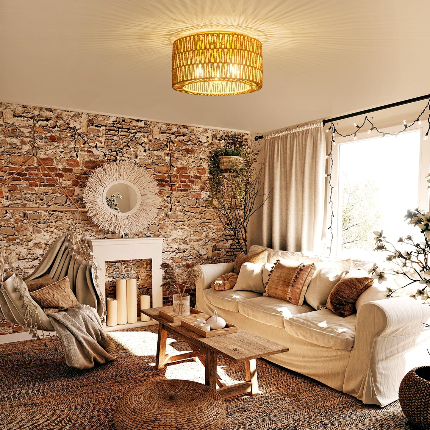 Rattan Ceiling Light Fixture, 3 Light Bohemian Modern Woven Ceiling Light, Boho Flush Mount Ceiling Light for Bedroom Living Room Dining Room, Bulb NOT Included