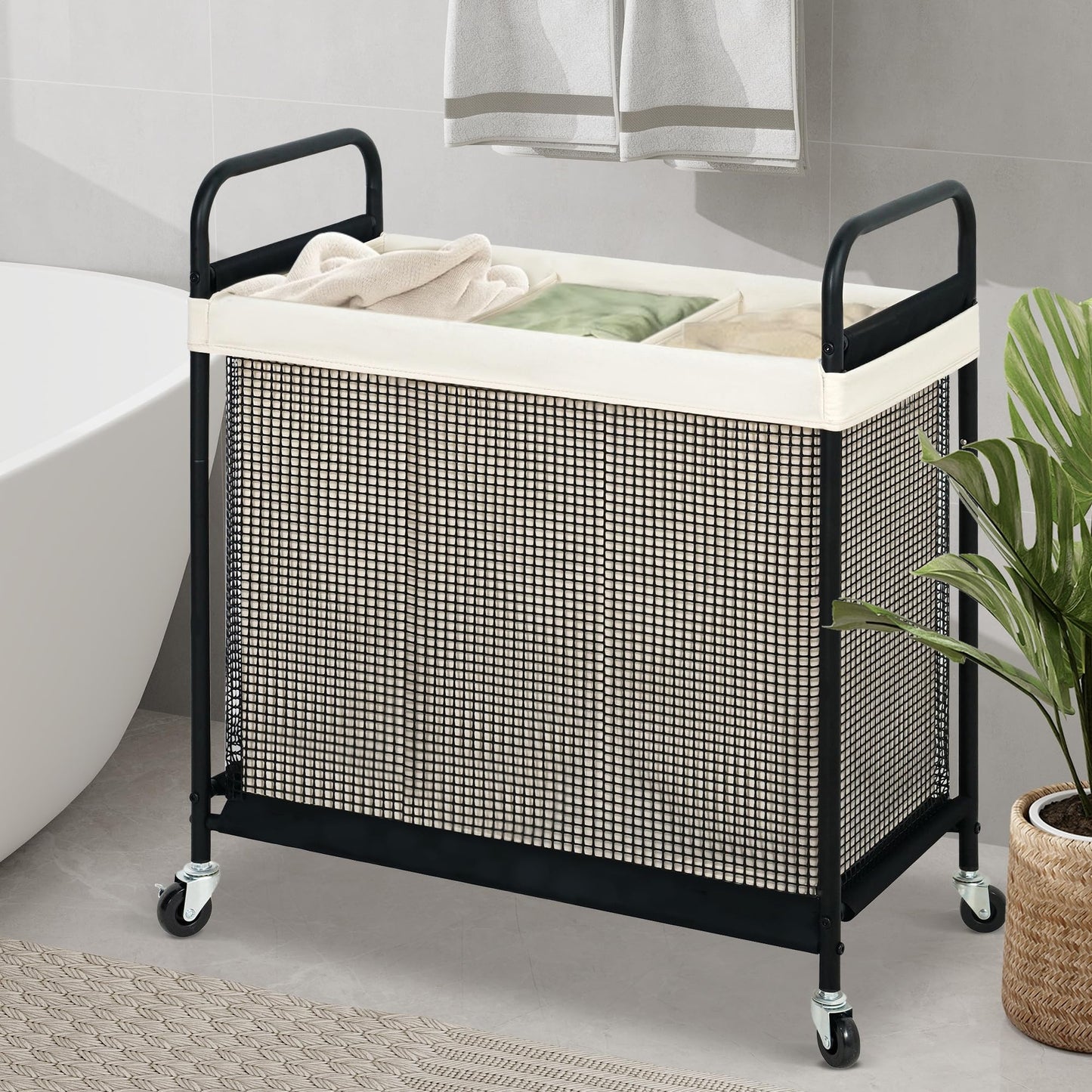 STO STO Laundry Hamper 3 Section, 120L Rolling Laundry Sorter Cart with Removable and Washable Liner Bag, Clothes Hamper with Wheels and Metal Handle for Laundry Room and Bedroom