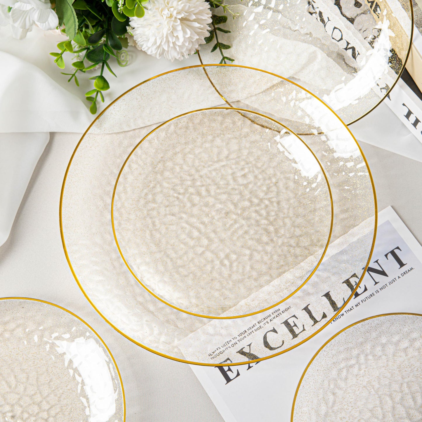 Lullaby 100PCS Clear Plastic Plates with Gold Rim, Includes 50pcs Dinner Plate 10” and 50pcs Dessert Plate 7”, Disposable Heavyduty Plates for Birthdays, Parties and Wedding