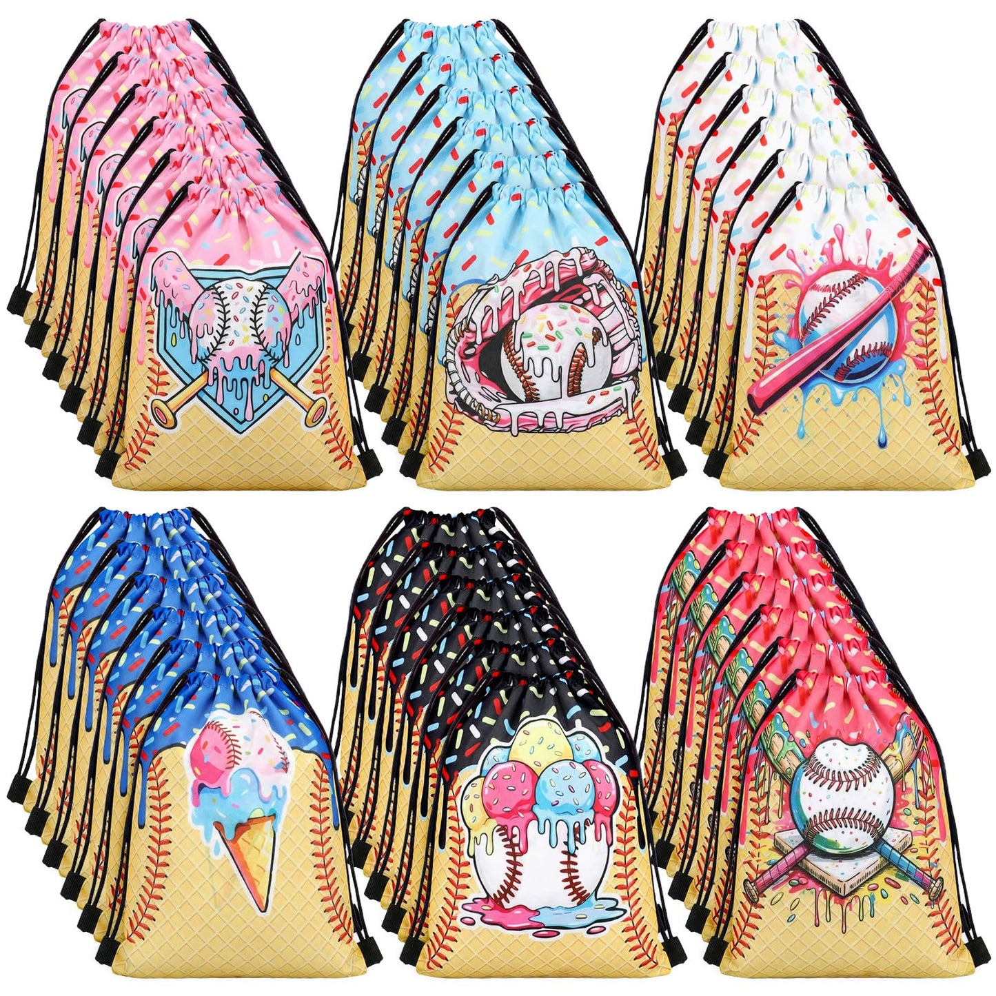 Sunnymove 36 Pcs Ice Cream Drip Baseball Party Favors 7.5'' x 10'' Baseball Drawstring Bag with Handle Ice Cream Drip Bags Bulk Sport Themed Gift Wraps Party Supply for Team Birthday Treat Candy Snack
