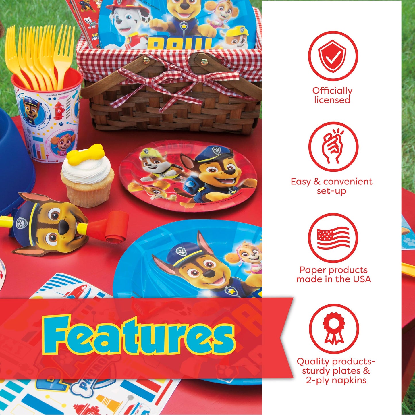 Paw Patrol Birthday Decorations | Serves 16 Guests | Paw Patrol Party Supplies | Balloons, Banner, Tablecloth, Dinner & Cake Plates, Napkins, Button