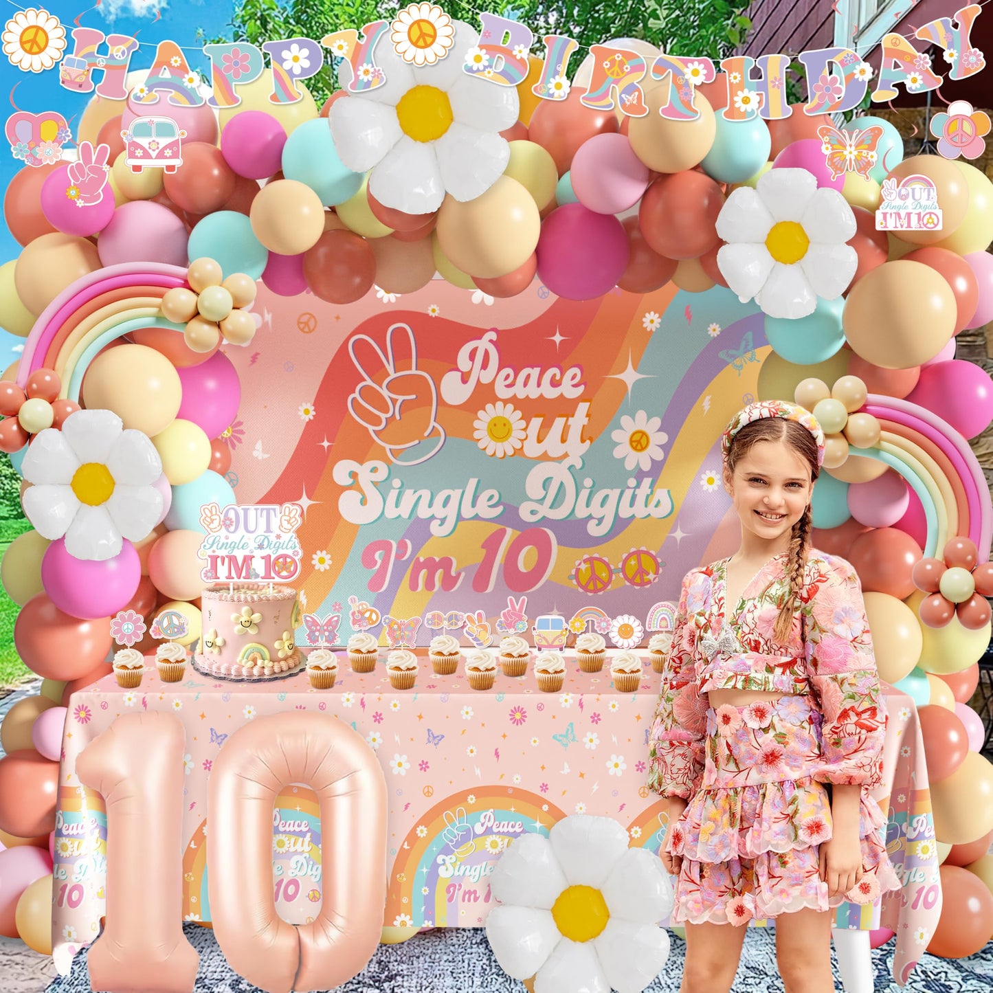 10th Birthday Decorations for Girl, Peace Out Single Digits Party Decor Groovy 10th Birthday Decor Boho I'm 10 Backdrop Banner Tablecloth Cake Topper Honeycomb Centerpieces Hanging Swirls Balloons Set