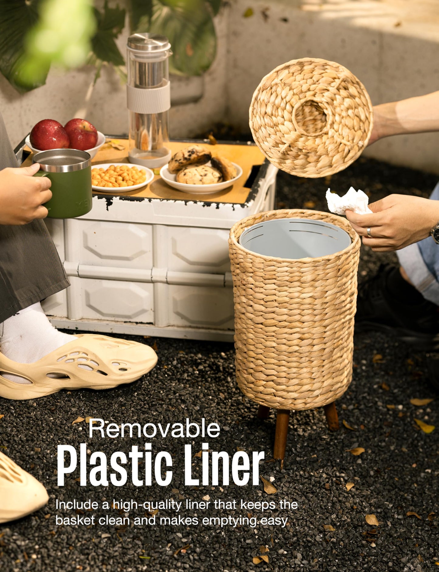 Tidita 1.5 Gallon Wicker Trash Can with Lid, Water Hyacinth Wicker Waste Basket for Bathroom - Decorative Bathroom Trash Can with Wooden Leg - Rattan Garbage Can with a Lid, Liner - Assembly Required