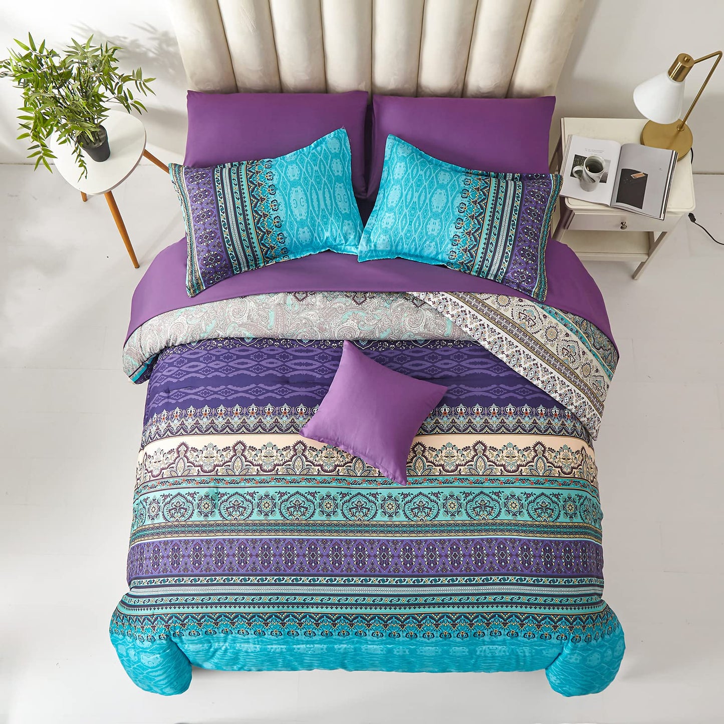 Cottolester Boho Comforter Set Full Size 8 Piece Bed in a Bag Bohemian Striped Bedding Quilt Set Aqua Paisley Floral Comforter and Sheet Set,Soft Microfiber Complete Bedding Sets for All Season