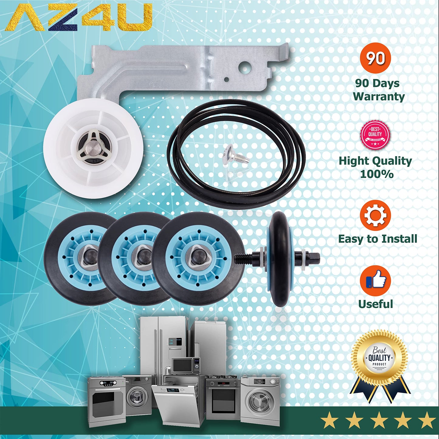 AZ4U Dryer Repair Kit Rollers Belt Pulley Replace for Samsung DV219AEW/XAA DV220AEW/XAA DV48J7700EW/A2 DV48H7400EW/A2 DV42h5200EW/A3 DV42H5000EW/A3 DV42H5200EP/A3 DV42H5200EF/A3 DV42H5000GW/A3
