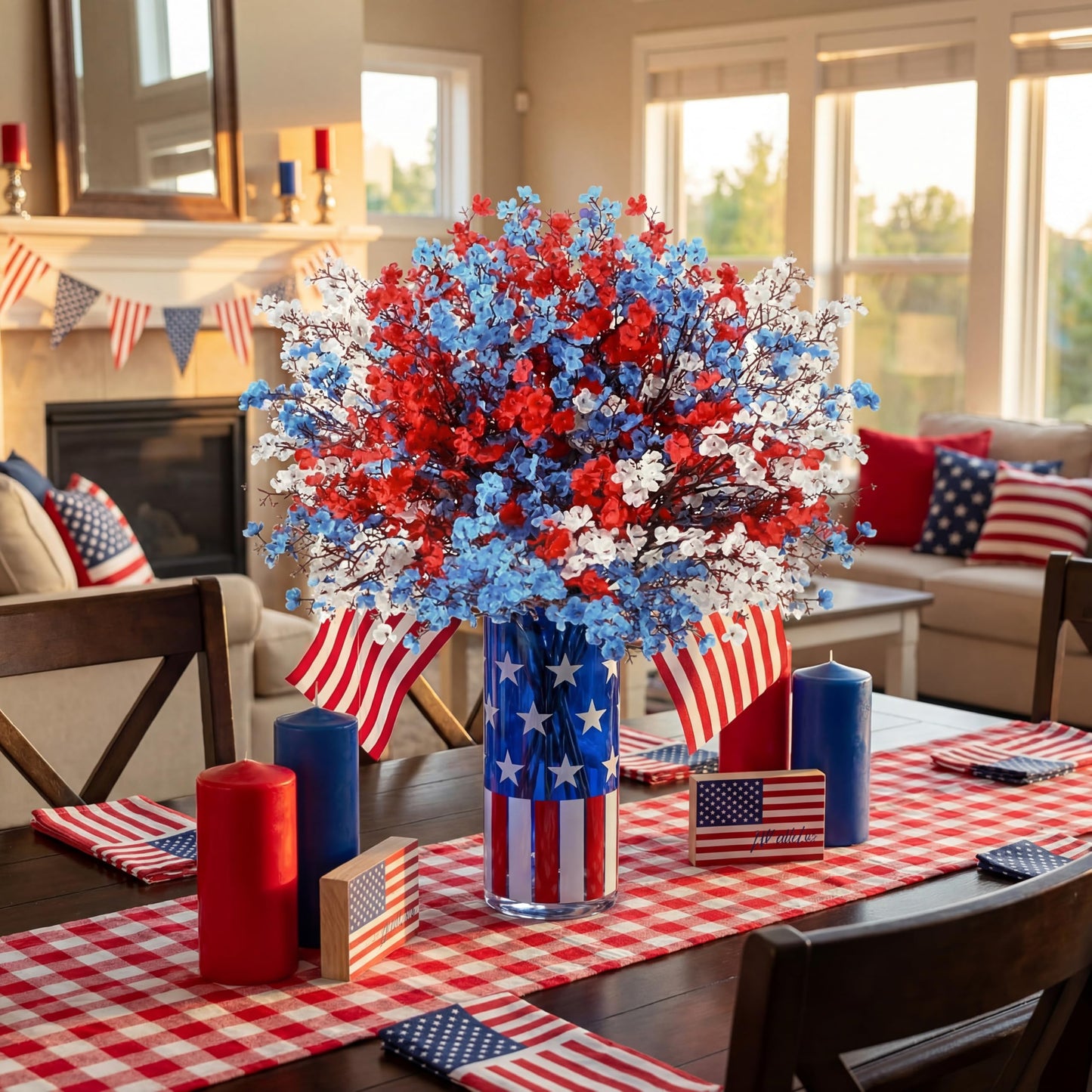 Lyrow 48 Pcs Red Blue White Patriotic Artificial Flowers 4th of July Table Centerpieces Decor Fake Babys Breath Pick Stems Floral Arrangement for 250th Anniversary Veterans Day Home Outdoor