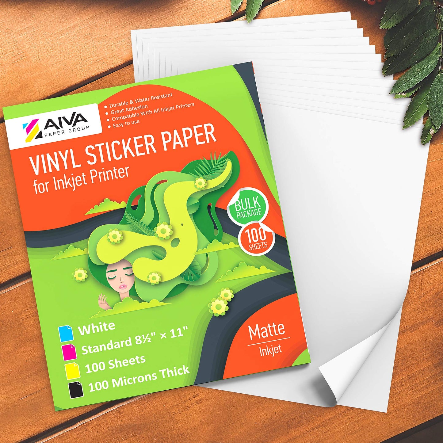 Printable Vinyl Sticker Paper for Inkjet Printer - Matte White - 100 Self-Adhesive Sheets - Waterproof Decal Paper - Standard Letter Size 8.5"x11"