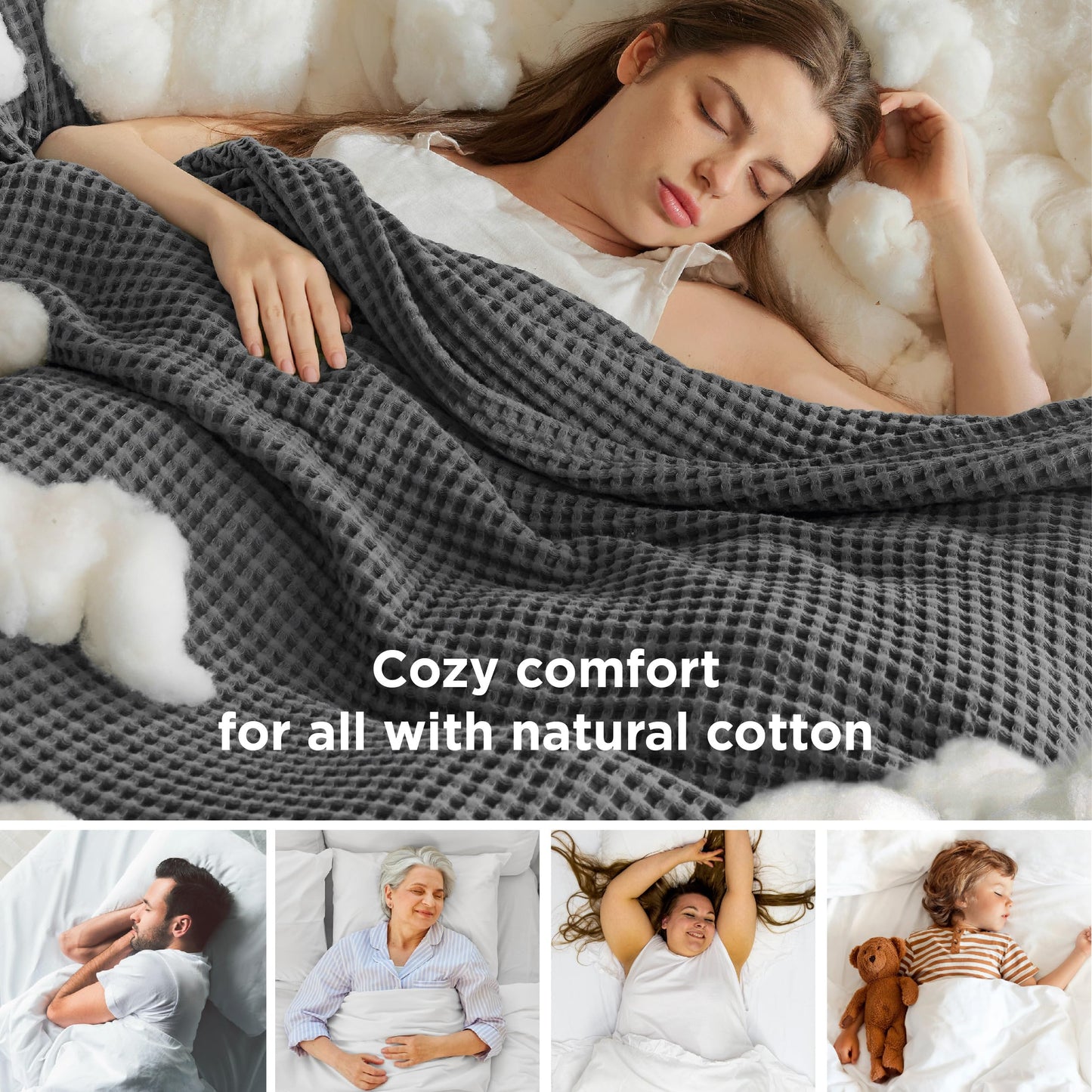 Bedsure 100% Cotton Blanket Queen Size for Spring Summer, Waffle Weave Thin Lightweight Breathable Blanket for Bed, Cotton Bedding Room Decor Gifts for Women, Men, Dark Grey, 90" x 90"