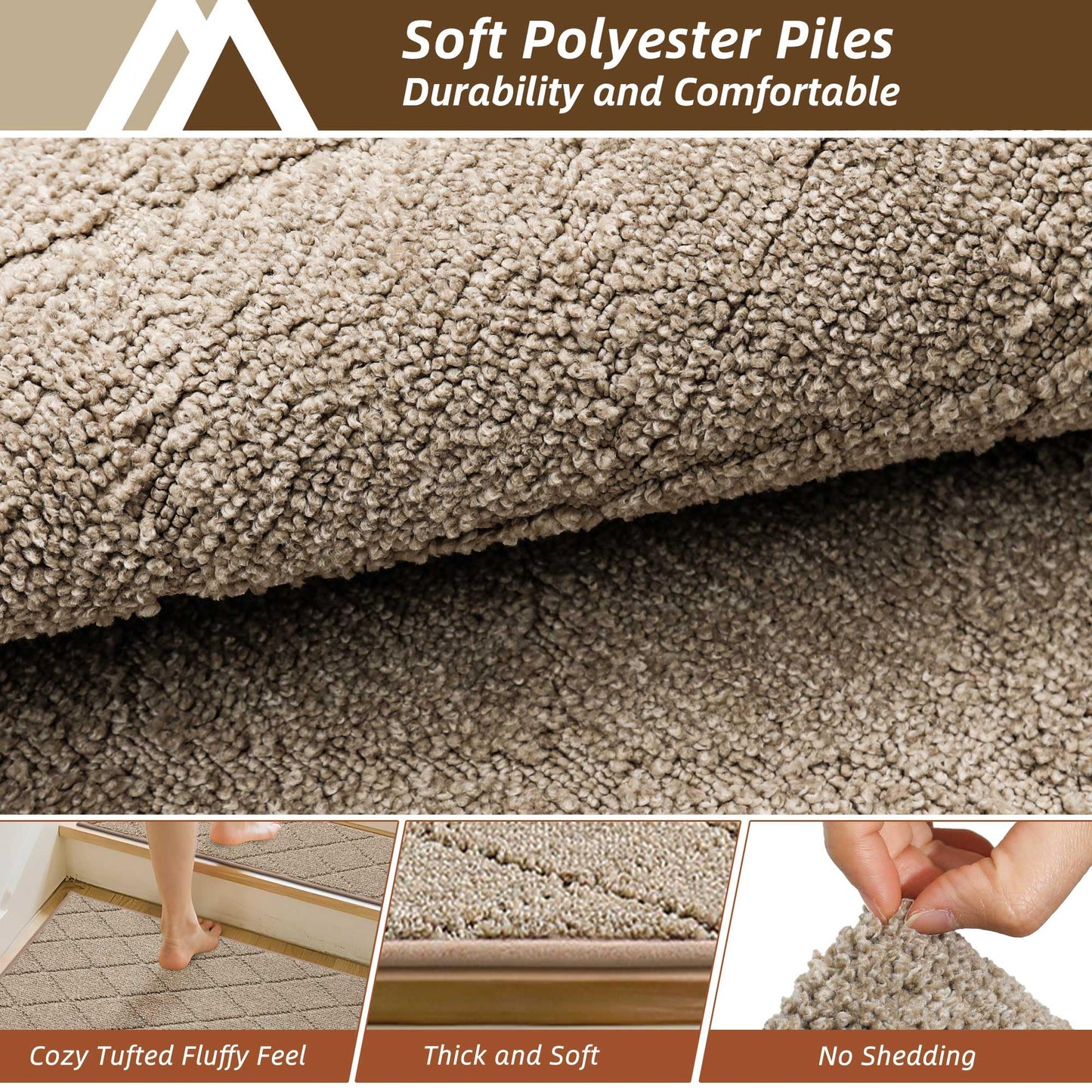 COSY HOMEER Edging Stair Treads Non-Slip Corner Indoor Stair Runners for Wooden Steps,Landing Slip Resistant Stair Rugs Mat for Kids and Dogs,100% Polyester TPE Backing,Beige,30x30 inch