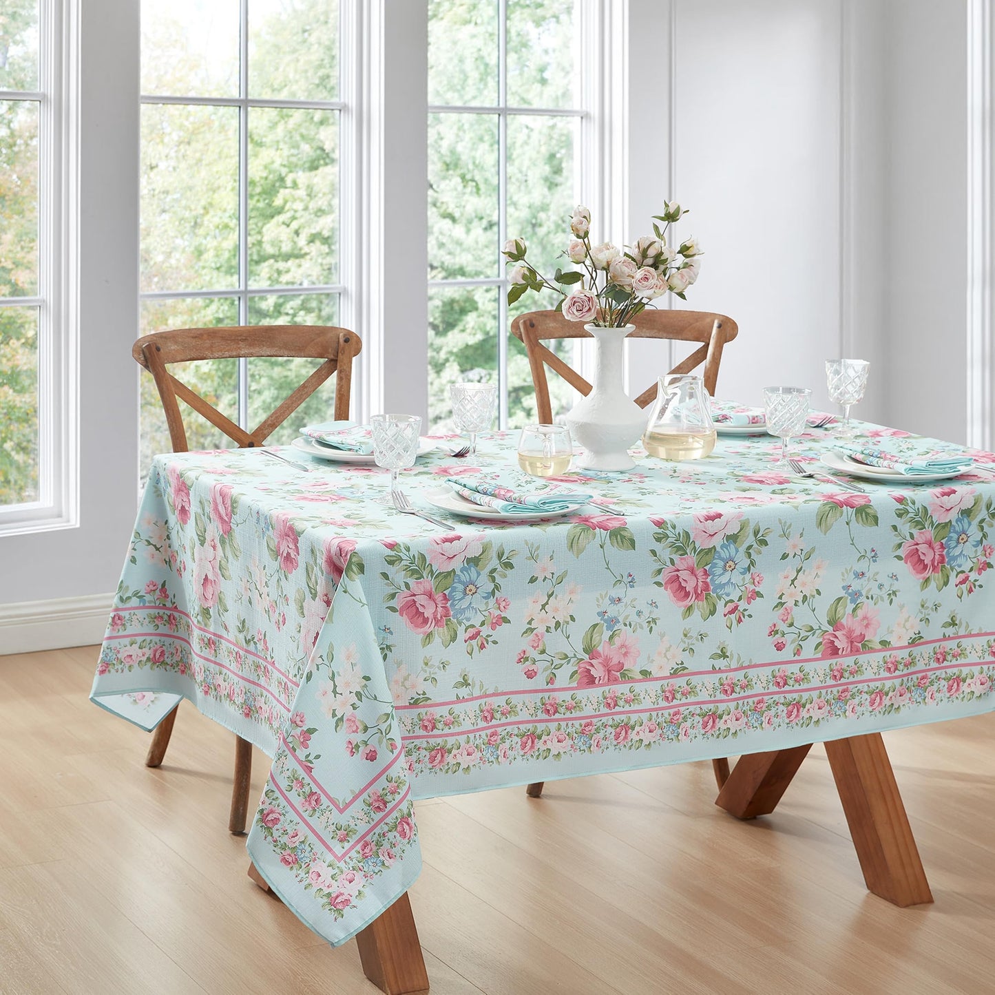Elrene Home Fashions Spring Summer Vintage Floral Garden Cottage Border Fabric Rectangle Tablecloth, 60"x102"