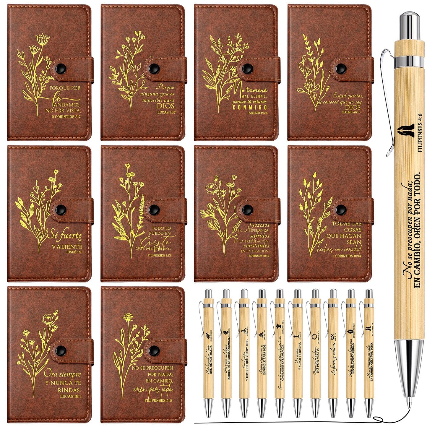 Spakon 60 Pcs Father's Day Christian Gifts Bulk Leather Prayer Journal Religious Scripture Notebook with Bible Verse Pens for Graduation Coworker Women Men Church Members (Spanish Bible Words)
