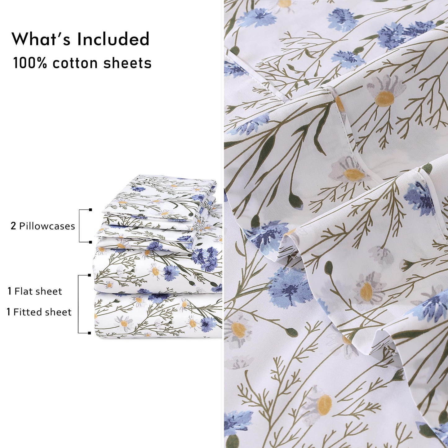 RUVANTI 100% Cotton Percale Sheets Queen Size – Crisp Cooling Bed Sheets for Hot Sleepers, Deep Pocket 16”, Soft Breathable & Durable Hotel-Style 4 Piece Set, Sweet Pea