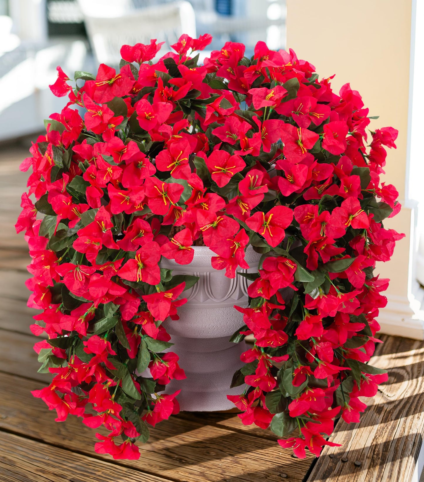 Faux Bougainvillea Artificial Flowers Plants for Outdoor Outside Decoration, 2 PCS Red Fake Flowers UV Resistant Look Real Silk Long Trailing Vines for Front Door Porch Planter Urn Patio Garden Yard