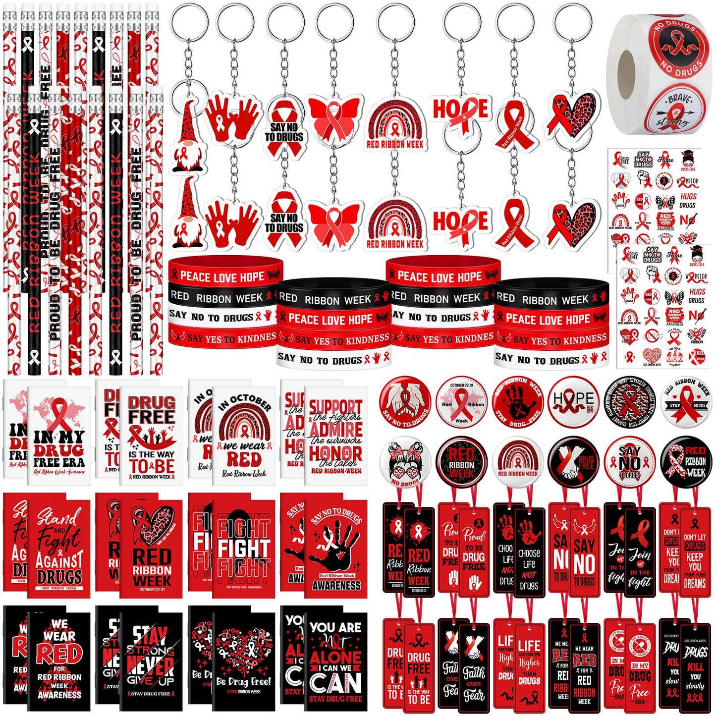 24 Sets Red Ribbon Week Supplies Bulk Include Red Ribbon Awareness Pin Notebook Bookmarks Drug Free Keychain Silicone Wristbands Pencils Stickers Tattoos for Student Teenage Say No to Drugs Event Gift