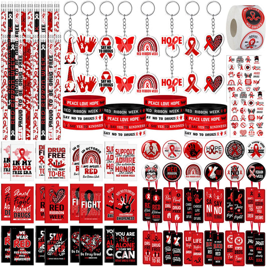 24 Sets Red Ribbon Week Supplies Bulk Include Red Ribbon Awareness Pin Notebook Bookmarks Drug Free Keychain Silicone Wristbands Pencils Stickers Tattoos for Student Teenage Say No to Drugs Event Gift