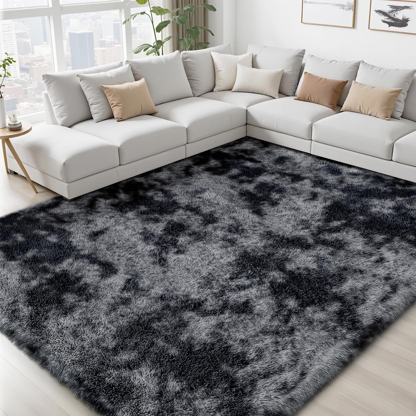 8x10 Area Rugs for Living Room Bedroom: Black Grey Soft Fluffy Shag Upgrade Non-Slip High Pile Carpet Large Fuzzy Plush Indoor Floor Decor Shaggy Rug for Kid Boys Girls Playroom Nursery Modern Home