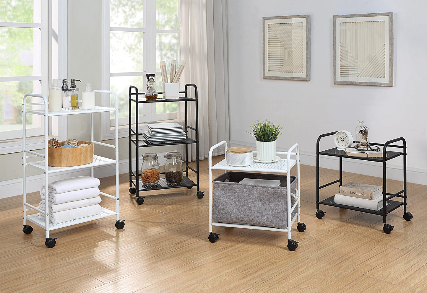 SunnyPoint 3-Tier Rolling Utility Cart – Metal Storage Organizer with Wheels, Mobile Kitchen Cart, Office & Home Organizer, White, 12" D x 16.92" W x 31.1" H