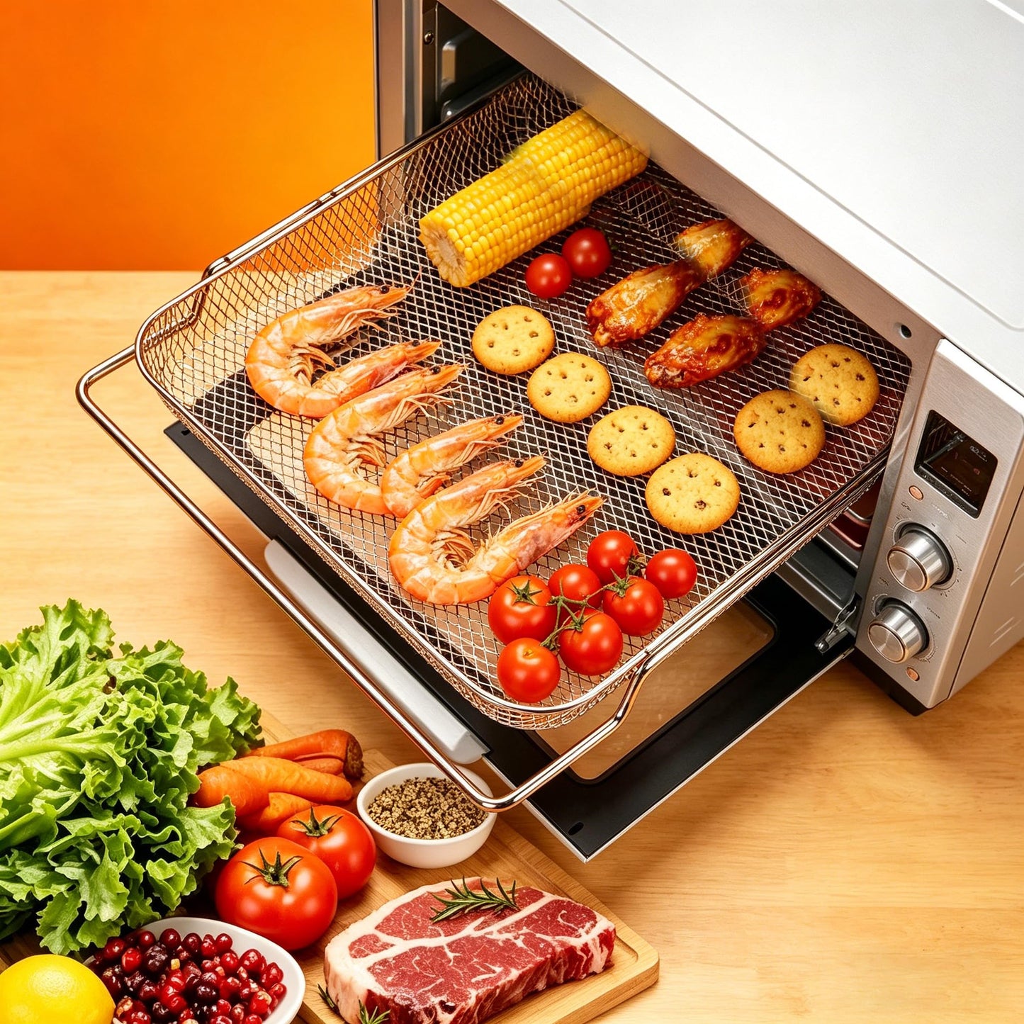 Air Fryer Basket for Breville Smart Oven Air Fryer Pro, 3PCS Steel Mesh Dehydrate Baking Microwave Oven Baskets Accessories Tray for Basket BOV900 and BOV950 Toaster (16.5"D x 11.8"W x 1.8"H)