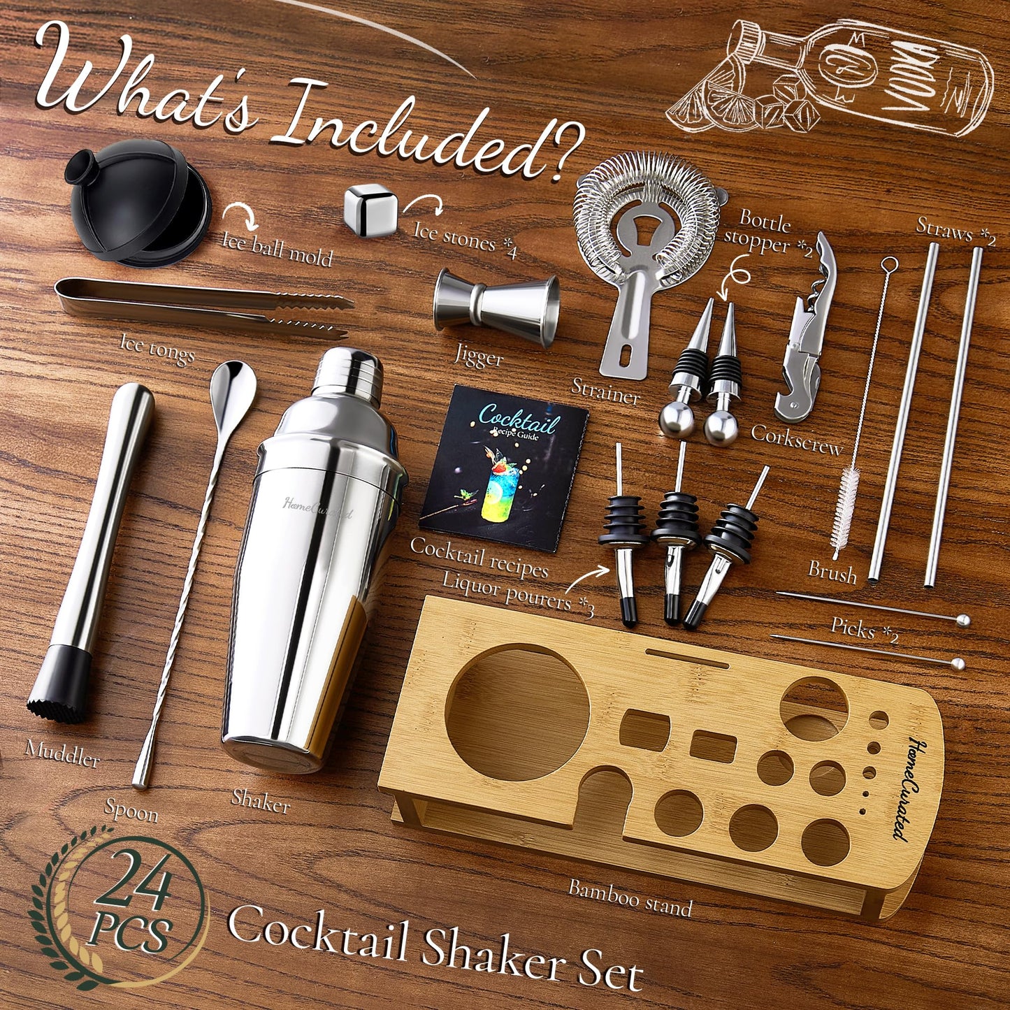 Cocktail Shaker Set,24-Piece Bartender Kit – Complete Bartending Kit Bar Set with Stand,Drink Shaker & Mixer – Perfect Bar Accessories for Home Bar Set,Housewarming Gifts for Men & Women,Silver