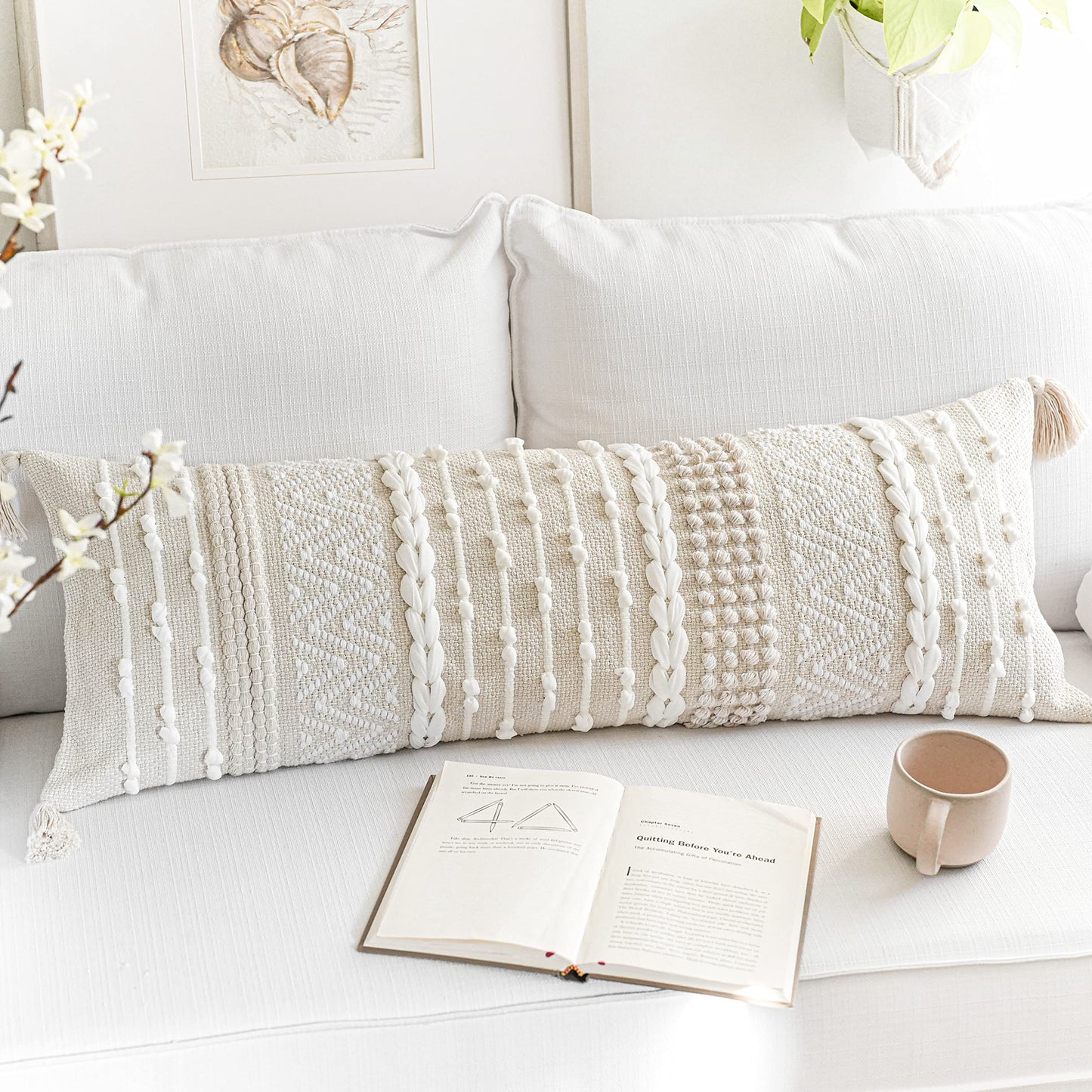 BlissBlush Pure White Decorative Lumbar Pillow Cover 14x36, Boho Long Throw Pillow for Bed, Accent Lumbar Throw Pillow Case, Modern Farmhouse Textured Lumbar Cushion (Cover ONLY)