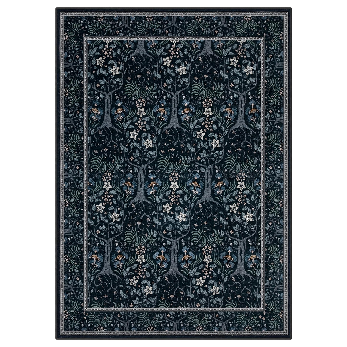 Joydeco Machine Washable Area Rugs 5x7, Boho Floral Rug for Bedroom Non Slip, Soft Forest Botanical Low-Pile Floor Indoor Throw Carpet for Living Dining Room Dorm Office, Blue-Black