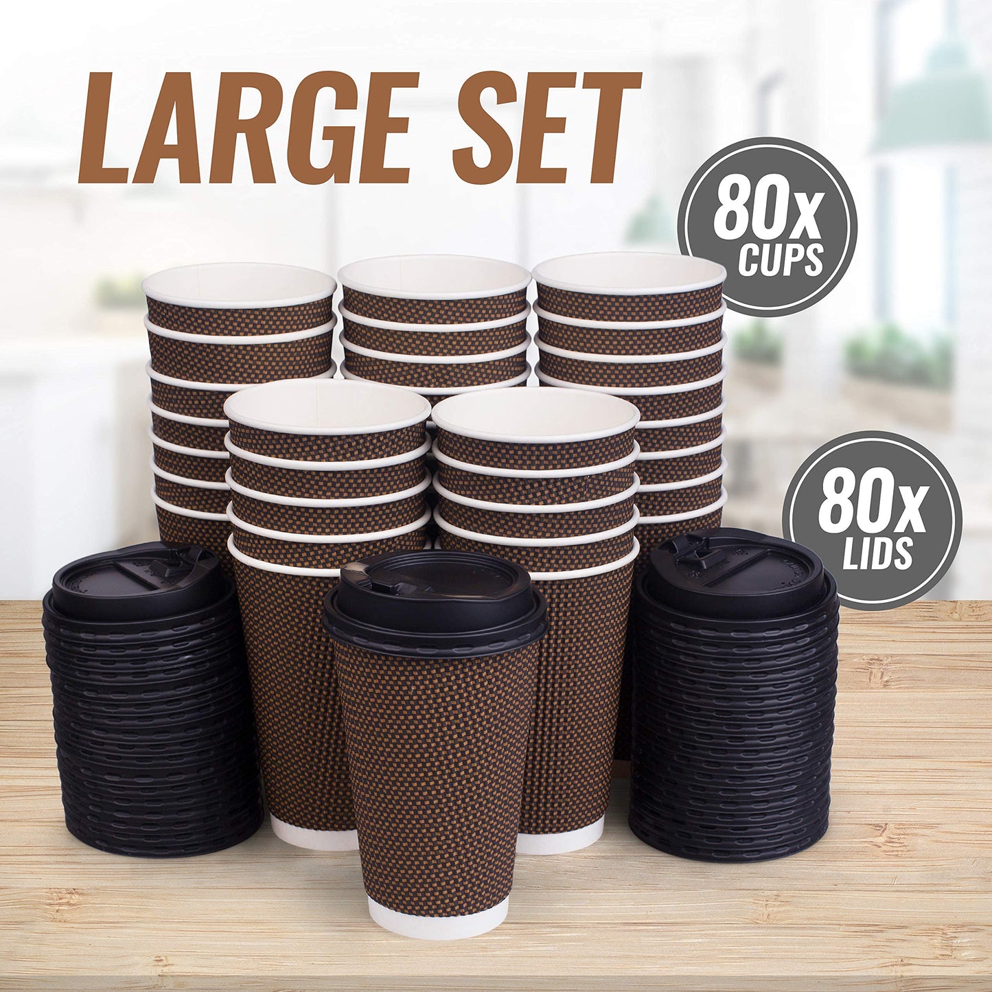 Promora Brown Disposable Coffee Cups With Lids 16 oz, Premium Insulated Paper Ripple Cups for Hot Coffee, Paper Coffee Cup with Lids (80 Pack)