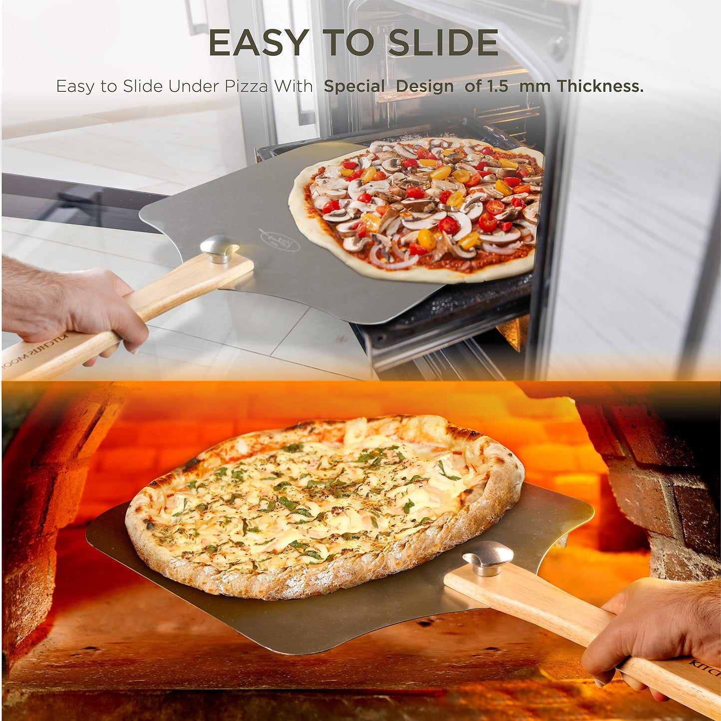 KITCHUS MOON Large Pizza Peel 16 inch - Extra Large Metal Pizza Peel with 14 inch Stainless Steel Pizza Cutter Rocker, Pizza Paddle with Folding Handle (13"x16" with 14" Cutter)