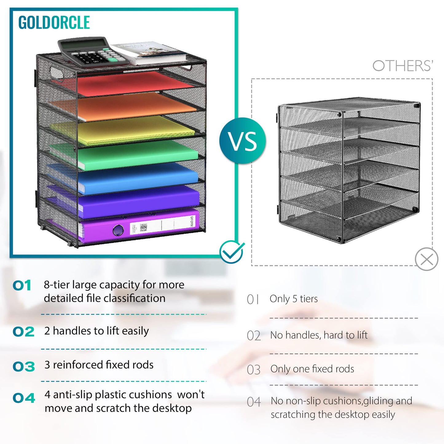 8 Tier Paper Letter Tray Organizer with Handles, Mesh Desk File Holder Storage Organization for Home School Classroom & Office (Black-2Pack)