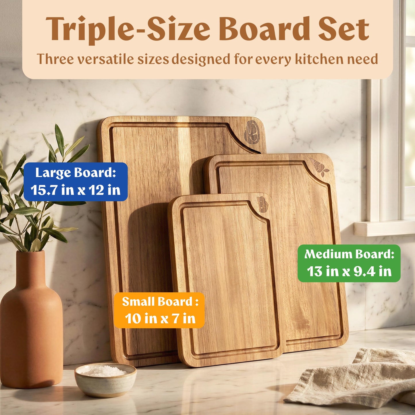 EDELHAUS Cutting Boards for Kitchen (Set of 3) Beeswax Finished Acacia Wood Cutting Board, Mineral Oil Free Wooden Cutting Boards non Toxic with Juice Groove, Non-Slip Feet, Charcuterie Boards
