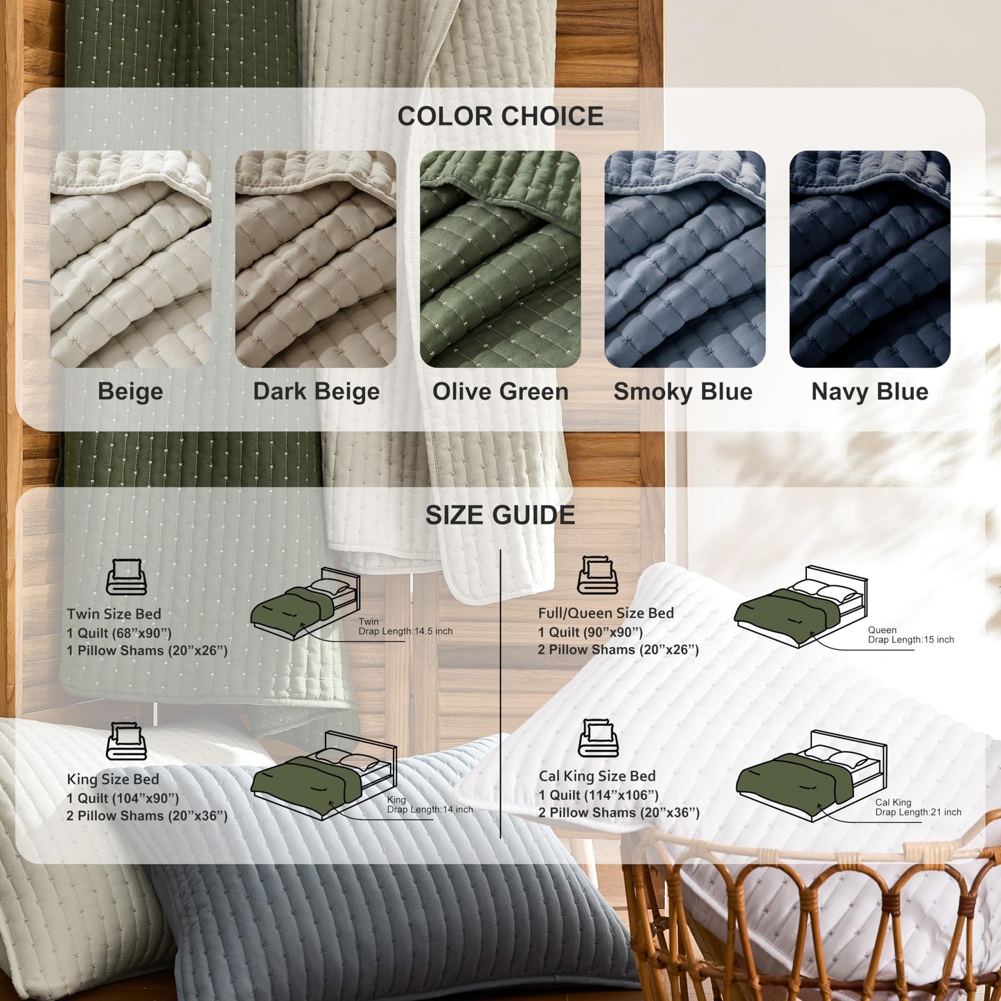 WDCOZY Blue Cross Stitch California Cal King Size Quilt Set, Oversized Striped Lightweight Soft Bedspread, Channel Farmhouse Rustic Coverlet, All Season Country Bedding, Thin Comforter