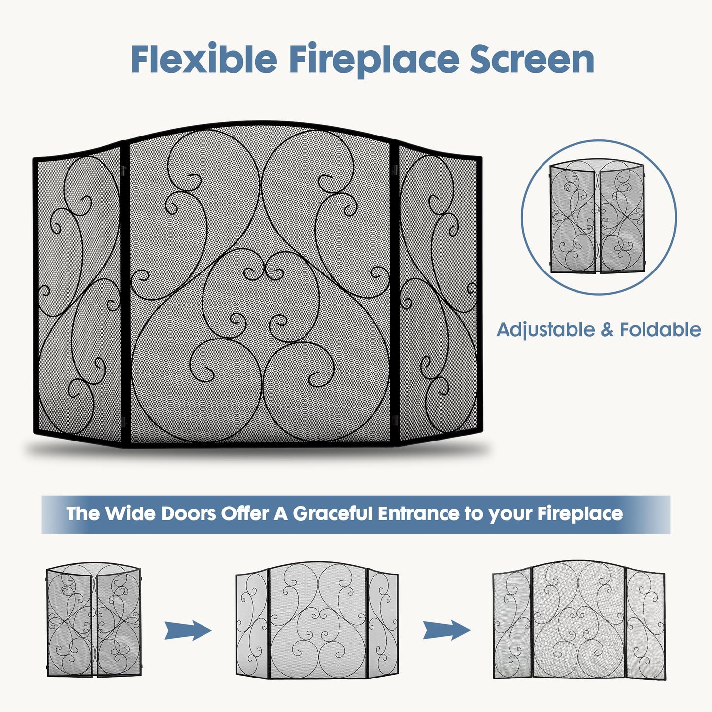 DUMOS 3 Panel Fireplace Screen with Hinged Doors, 51.2"(L) x 30.7"(H) Spark Guard Cover, Wrought Iron Metal Safety Gate for Fireplace and Living Room, Black