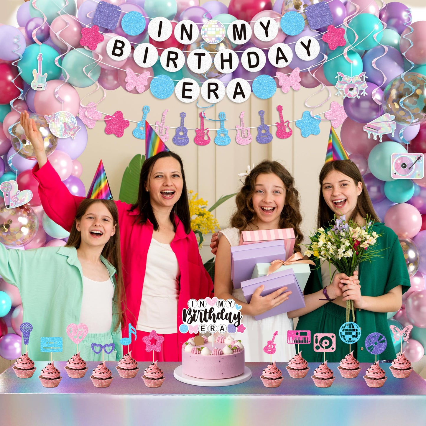 In My Birthday Era Decorations, Music Birthday Decorations, Popular Singer Theme Party Supplies for Girls Pink Purple Balloon Arch Friendship Bracelet Garland Backdrop Cake Toppers Hanging Swirls