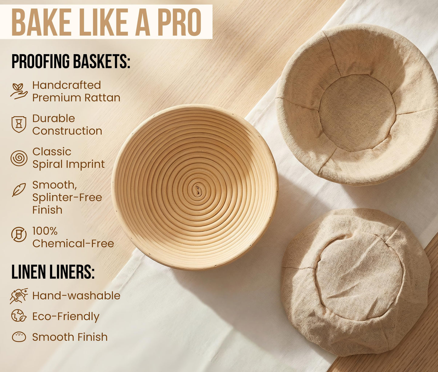 Kook Banneton Bread Proofing Set, Artisan Sourdough Bread Making Kit, 9 Inch Handwoven Rattan Baskets and Liners, Metal & Plastic Dough Scrapers, Scoring Lame & Case, 4 Extra Blades, Set of 2, Round
