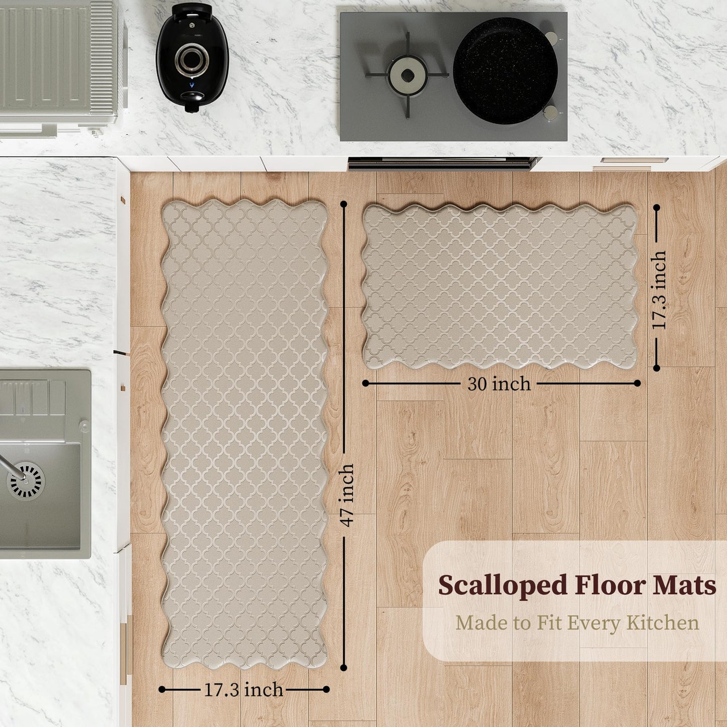 Arenarug Upgrade Scalloped Embossed Kitchen Mats for Floor 2PCS Cushioned Anti Fatigue Waterproof Foam Kitchen Rugs Non Slip Washable Comfort Standing Mat for Sink Laundry,17.3"x30"+17.3"x47",Khaki