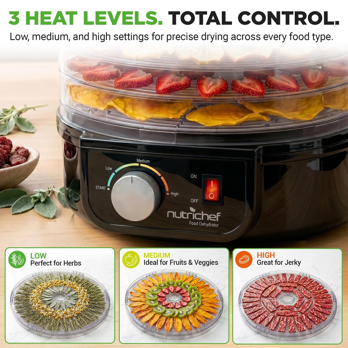 NutriChef Electric Countertop Food Dehydrator - Professional Multi-Tier Food Preserver - Dehydrates Fish, Meats, Mushrooms, Fruits & Vegetables - 5 Easy to Clean Stackable Trays., One Size, Black