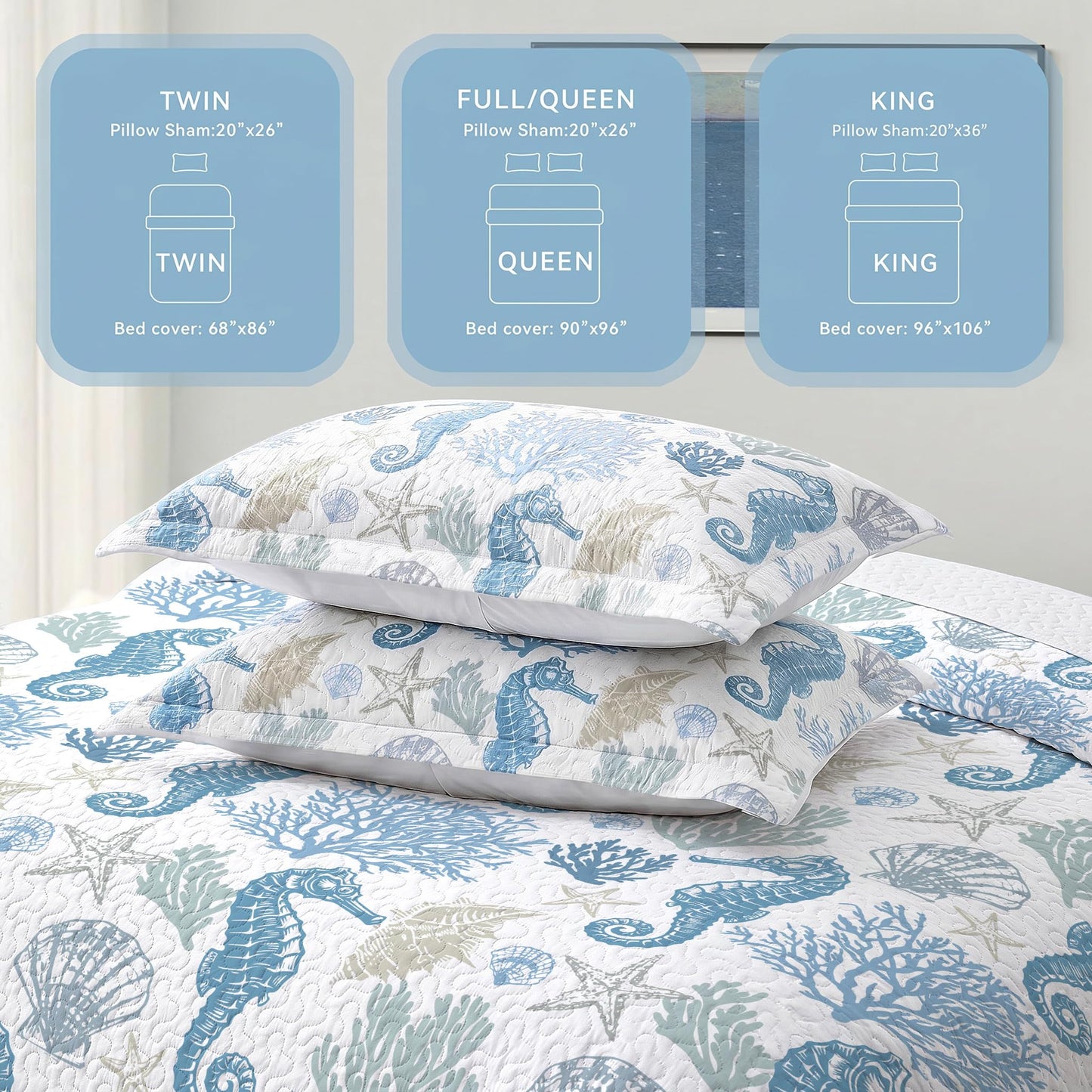weesire Coastal Bedding Queen Size Coastal Quilt with 2 Shams, Nautical Beach Comforter Sets Ocean Bedspreads Blue Seahorse Coverlet Summer Bedding, 90''x96''