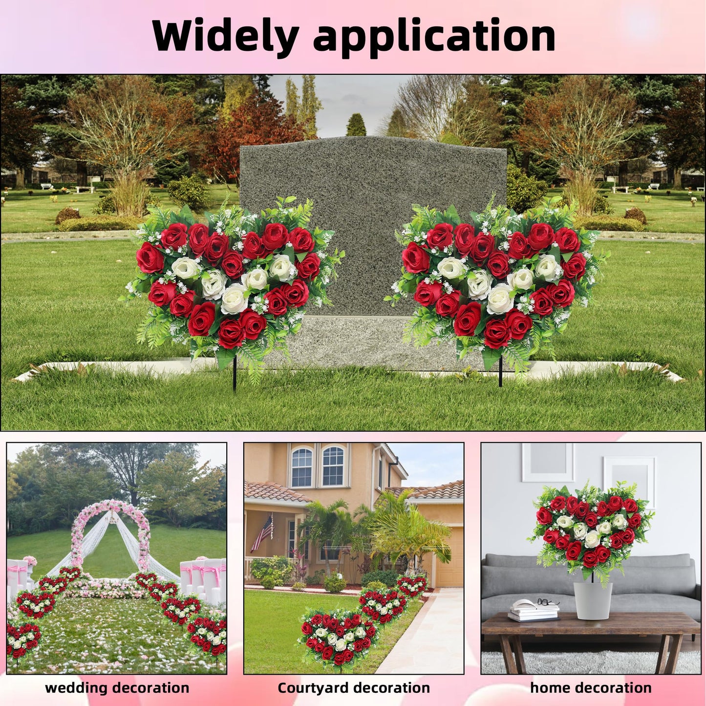 Lodou 2 Sets Artificial Cemetery Flowers, Grave Memorial Flowers with Ground Spike,Heart Shaped Wreaths Rose Flowers for Artificial Rose Decoration for Cemetery Headstones Gravesites (red)