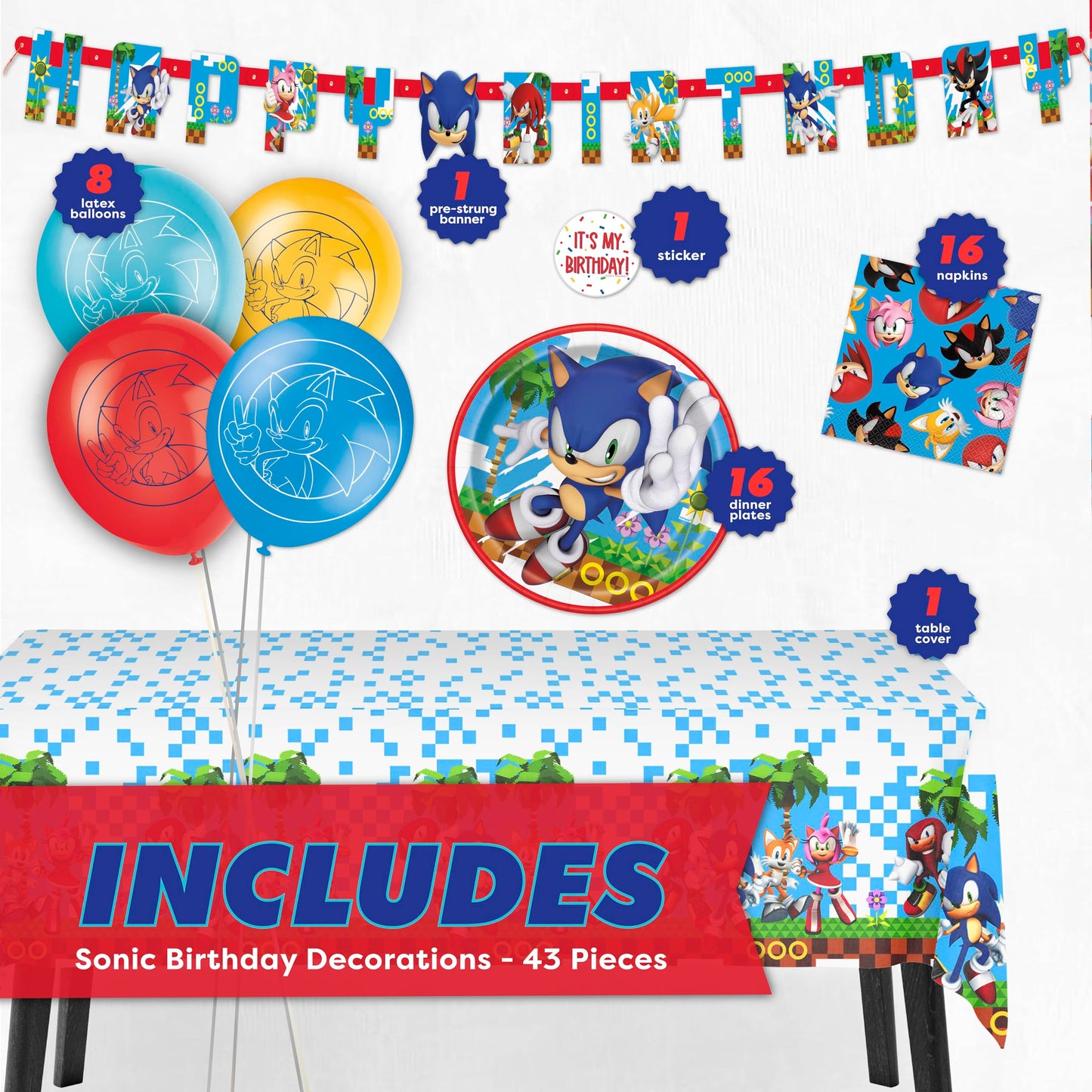Sonic Birthday Party Decorations | Serves 16 Guests | Balloons, Banner, Tablecloth, Plates, Napkins, Sticker | Officially Licensed