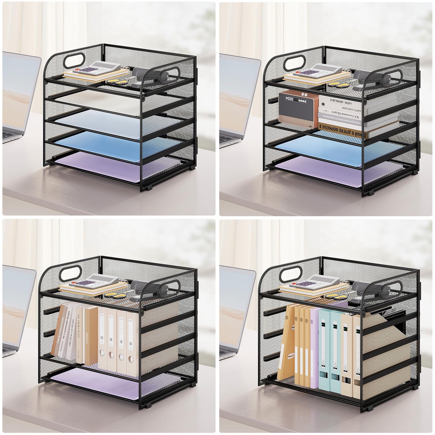Kinkota Paper Organizer Letter Tray with Handle Mesh 5 Trays Desk File Organizer Paper Sorter Desk Organizer for Office, Home or School-Black 2 Pack