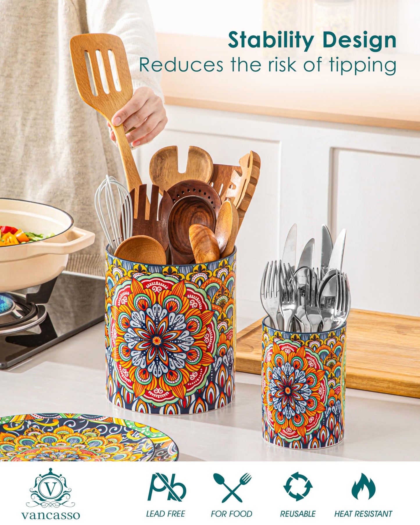 vancasso SIMI Utensil Holder, 7.3"+5.5" Porcelain Kitchen Utensil Holder for Countertop, Bohemian Kitchen Utensil Organizer for Spatulas, Spoons, Ladles, Decorative Counter Utensil Crock, Regal Bloom