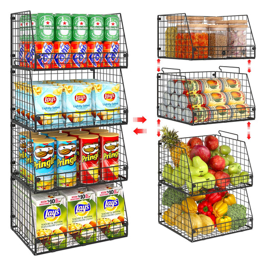 4 Pack XXL Stackable Wire Storage Basket, Extra Large Capacity Pantry Organizer and Storage, Muti-Purpose for Vegetable Fruit Basket & Can Organizer & Snack Rack & Metal Pantry Bin