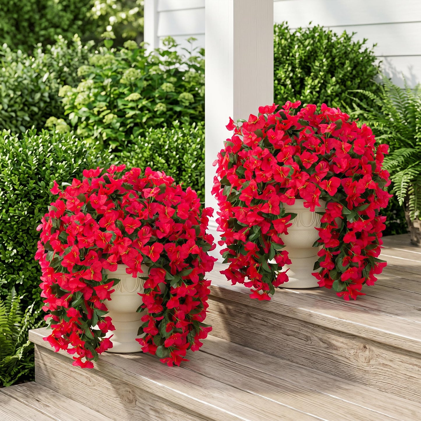 Faux Bougainvillea Artificial Flowers Plants for Outdoor Outside Decoration, 2 PCS Red Fake Flowers UV Resistant Look Real Silk Long Trailing Vines for Front Door Porch Planter Urn Patio Garden Yard
