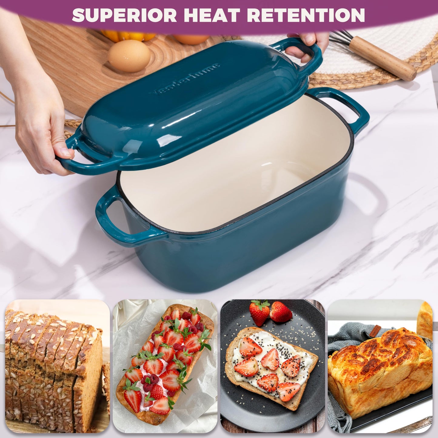 Vanderlume 4.6-Quart Oval Dutch Oven for Bread Baking, 2 in 1 Enameled Cast Iron Bread Pan with Lid, Sourdough Bread Dutch Oven for a Crispy Crust, Teal
