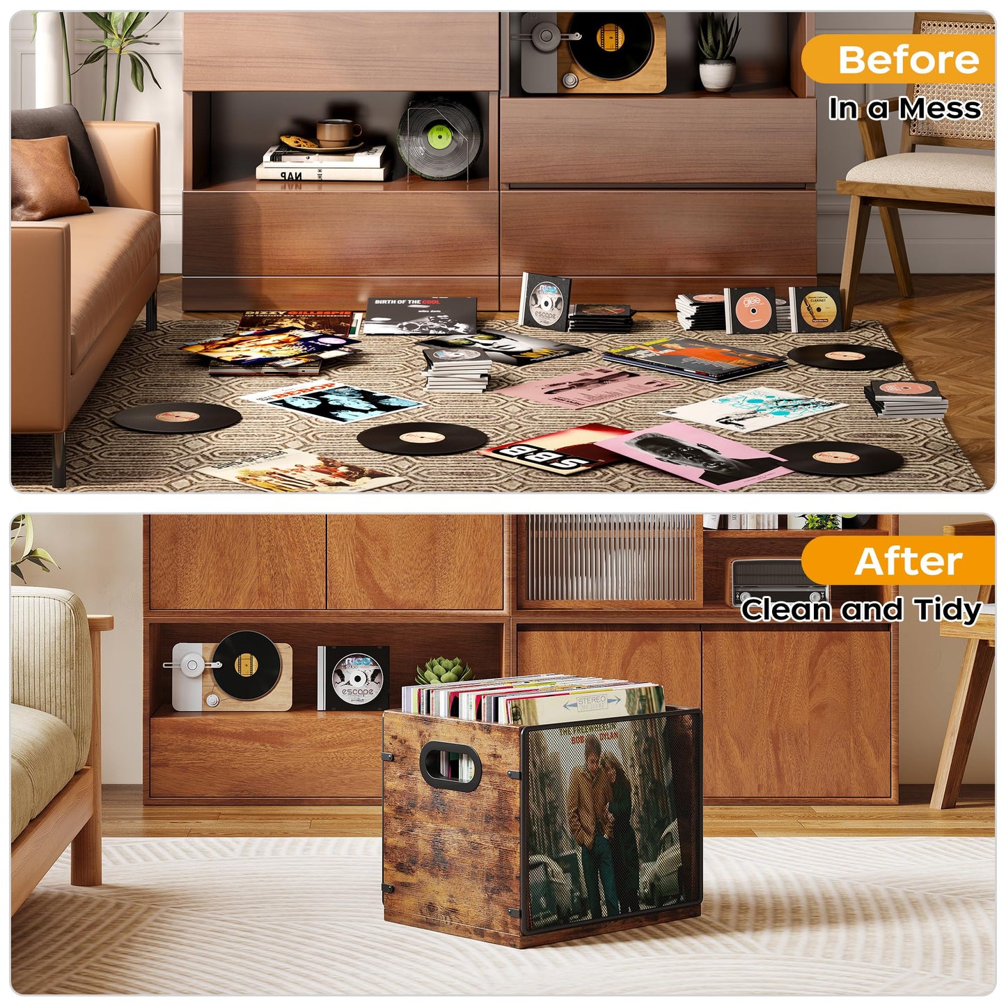 Homeiju Wooden & Metal Record Crate - Vinyl Album Holder & Organizer, Holds Up to 60 Records