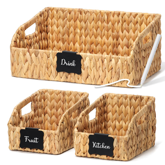 Stylave Pantry Baskets and Organizers, Large Wicker Baskets for Shelves, Handwoven Labeled Storage Basket for Organizing with Handles-Water Hyacinth Storage Bins, Boho Decorative, 3Pack, Natural