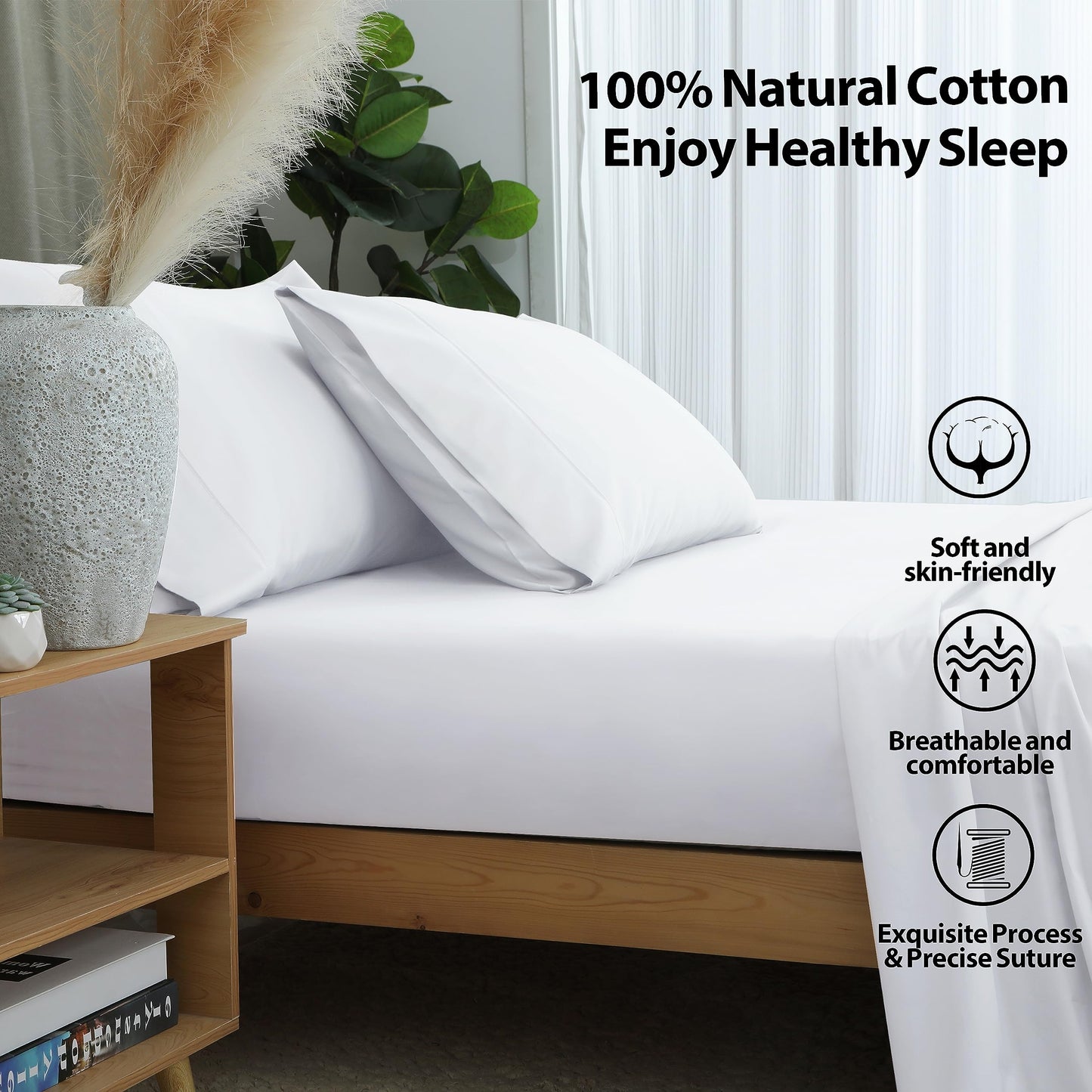 2-Pack Pure Cotton Twin XL Fitted Sheet for Adjustable Bed Split King, 600 TC 16" Deep Pocket Egyptian Cotton Fitted Sheet (2pcs, Twin XL, White)