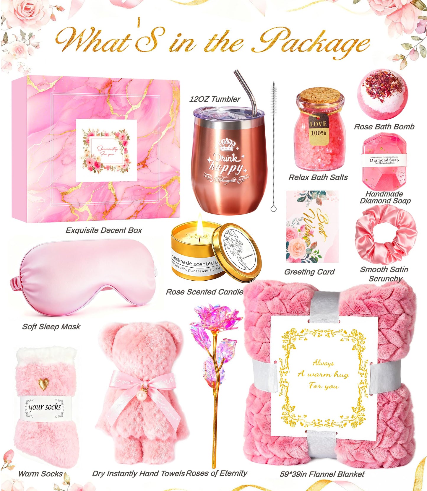 Birthday Gifts Basket for Women Mom Her Sister Grandma, Get Well Self Care Gift For Friend, Relax Spa Set-Luxury Flannel Blanket Rose Flower, Wife Gift Mothers Day Christmas Valentines Jeowoqao