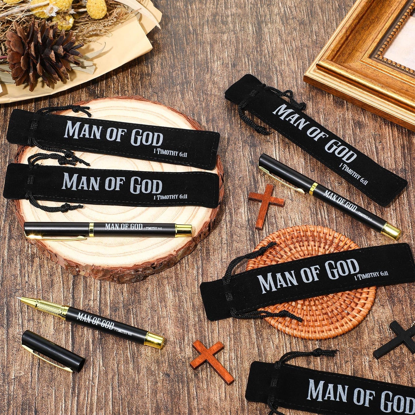 Seajan 40 Sets Christian Father's Day Bulk Gifts for Men Man of God Pens Bulk with Velvet Pouch Father's Day Church Gifts Religious Bible Verse Ballpoint Pens for Pastor Clergy Dad Godfather Baptism
