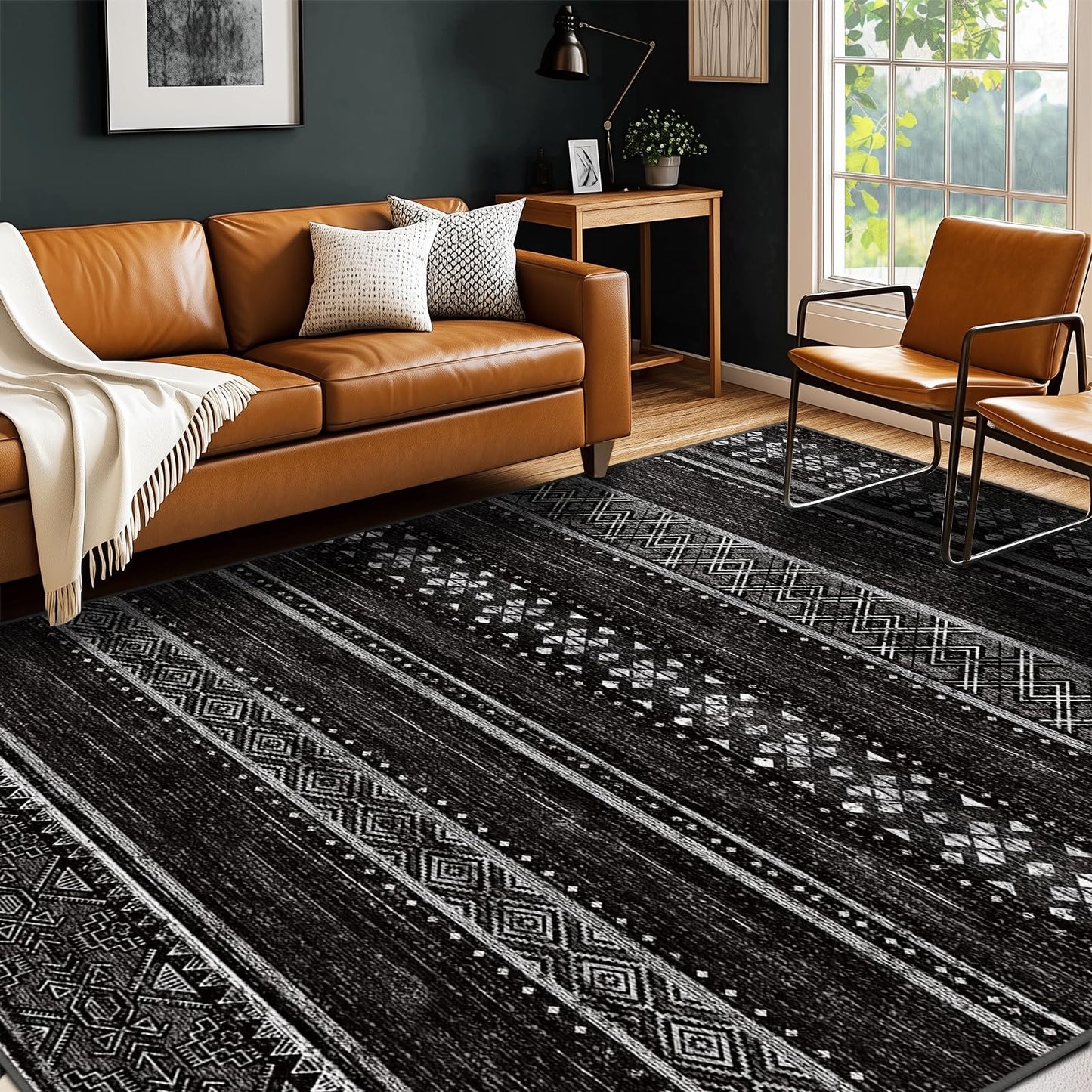 BESTSWEETIE 5x7 Area Rugs for Living Room Washable Moroccan Farmhouse Neutral Geometric Low Pile Non-Slip Soft Print Pattern Rug for Bedroom Kitchen Dining Room Entryway Black/White